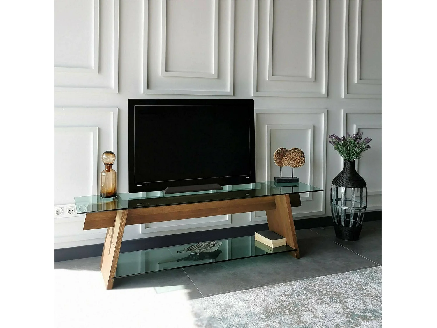 Meuble TV Zosma, Buffet de salon, Armoire basse pour TV, Base murale de rangement, 158x40h45 cm, Noyer et Vert