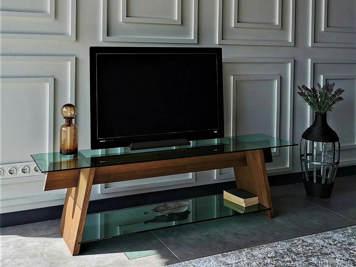 Dpotenz tv-meubel, woonkamermeubel, lage tv-meubel, wandstandaard, 158x40h45 cm, walnoot en groen