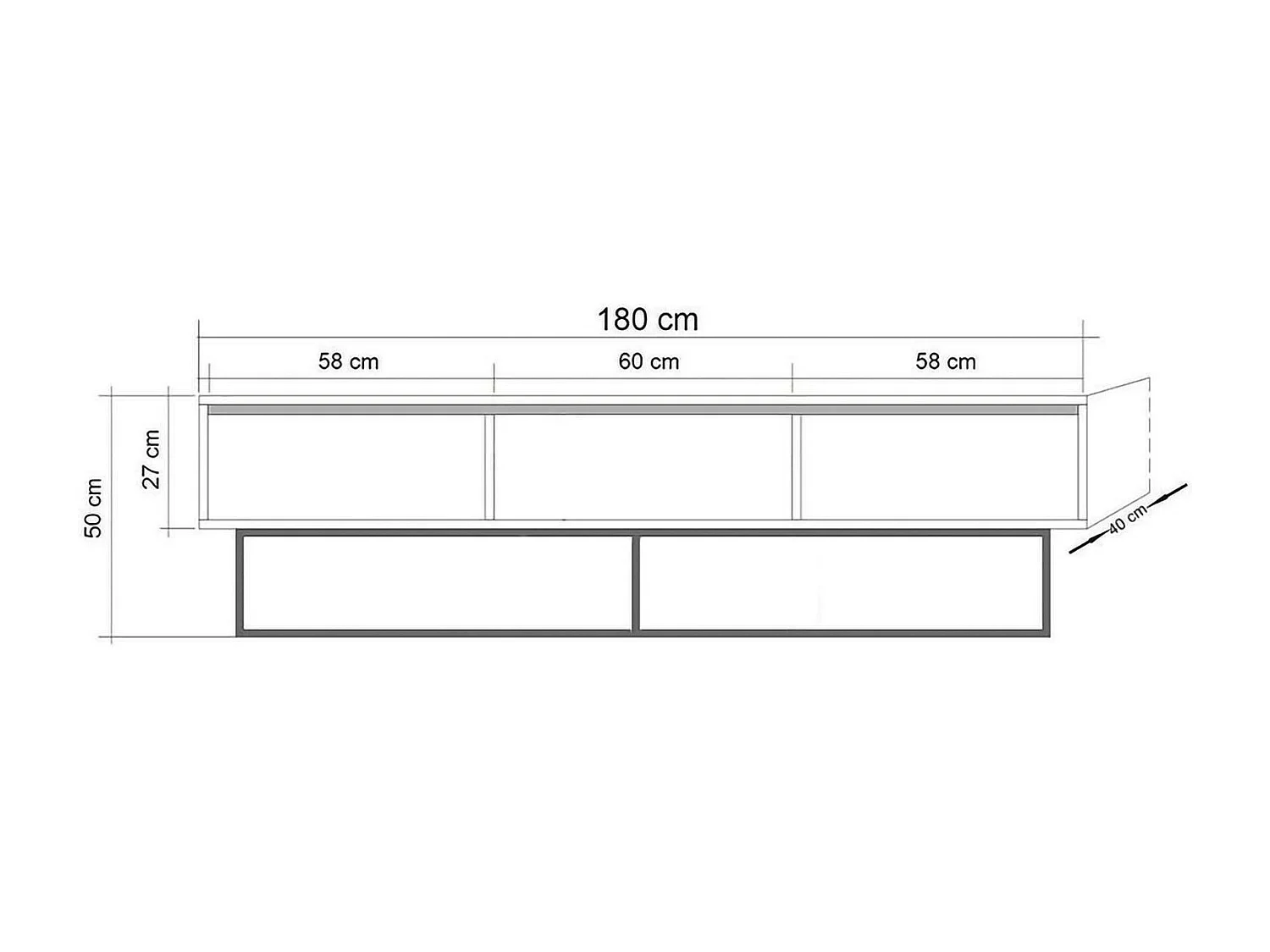 Meuble TV Eos, Buffet de salon, Armoire basse pour TV, Base murale de rangement, 180x40h50 cm, Noyer et Noir