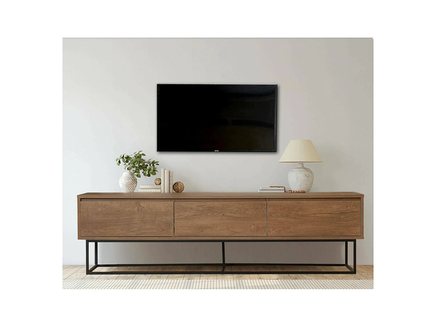 Meuble TV Eos, Buffet de salon, Armoire basse pour TV, Base murale de rangement, 180x40h50 cm, Noyer et Noir