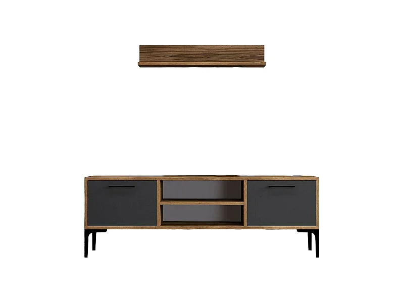 Meuble TV Tureis, Buffet de salon, Armoire basse pour TV, Base murale de rangement, 140x30h48 cm, Noyer et Anthracite