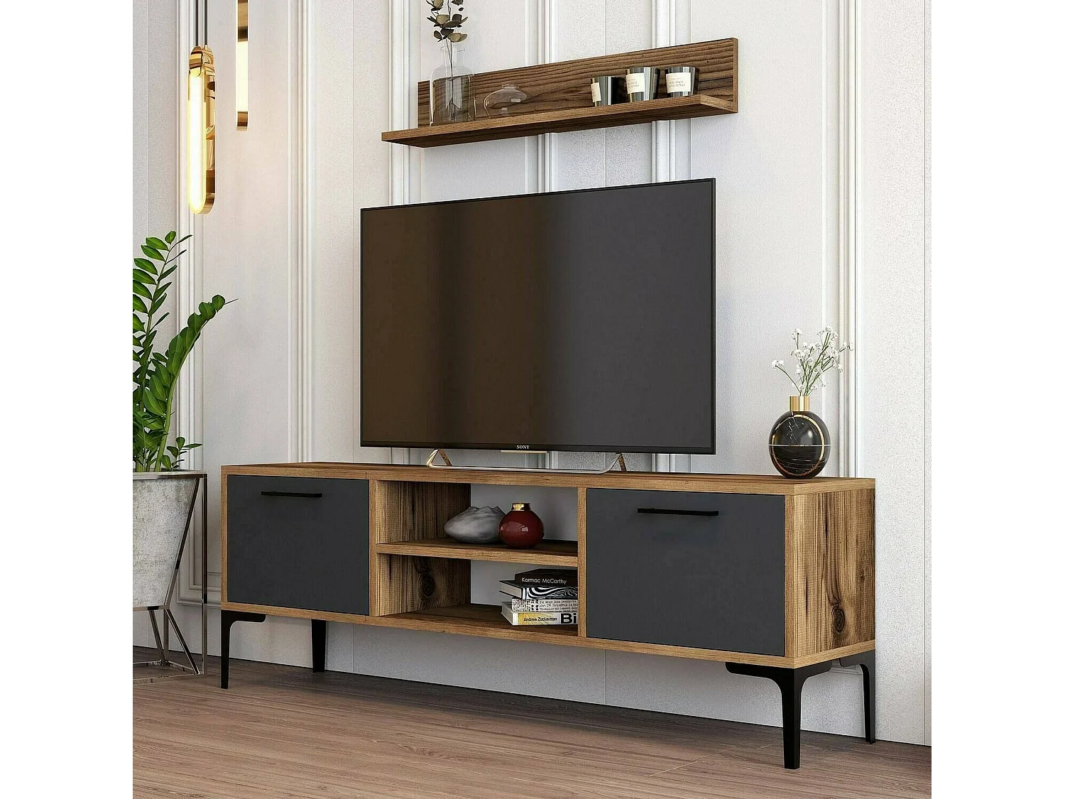 Mobile Porta tv Sri, un Ripiano, 30x140x48h cm Marrone Noce