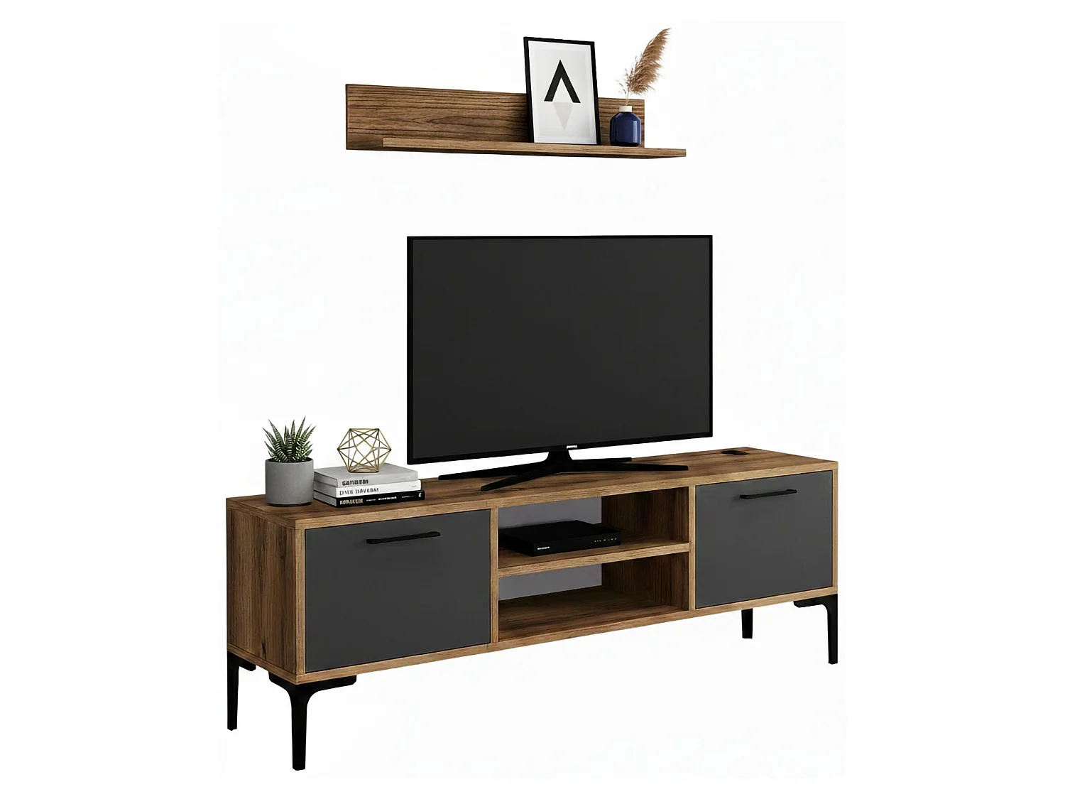 Meuble TV Tureis, Buffet de salon, Armoire basse pour TV, Base murale de rangement, 140x30h48 cm, Noyer et Anthracite