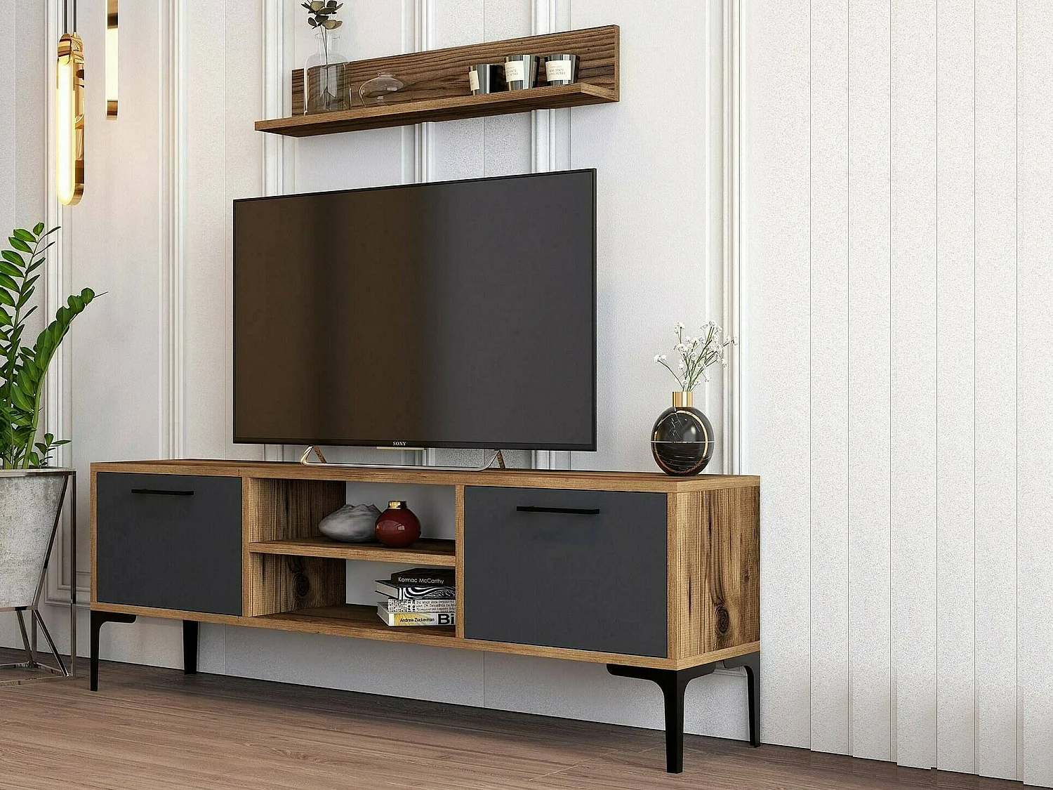 Meuble TV Tureis, Buffet de salon, Armoire basse pour TV, Base murale de rangement, 140x30h48 cm, Noyer et Anthracite