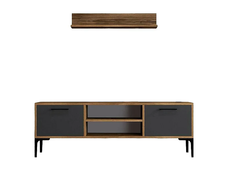 Meuble TV Tureis, Buffet de salon, Armoire basse pour TV, Base murale de rangement, 140x30h48 cm, Noyer et Anthracite