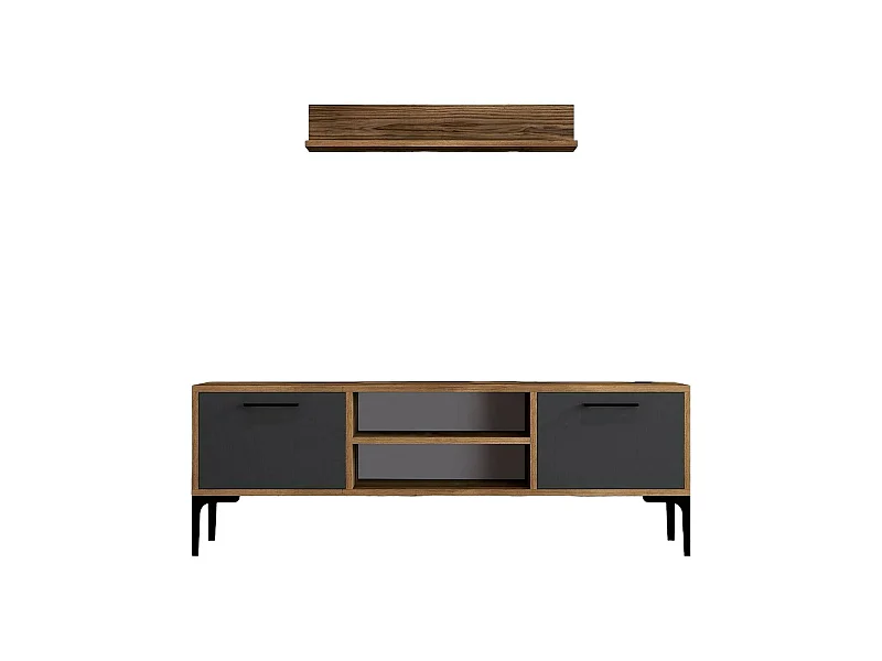 Meuble TV Tureis, Buffet de salon, Armoire basse pour TV, Base murale de rangement, 140x30h48 cm, Noyer et Anthracite