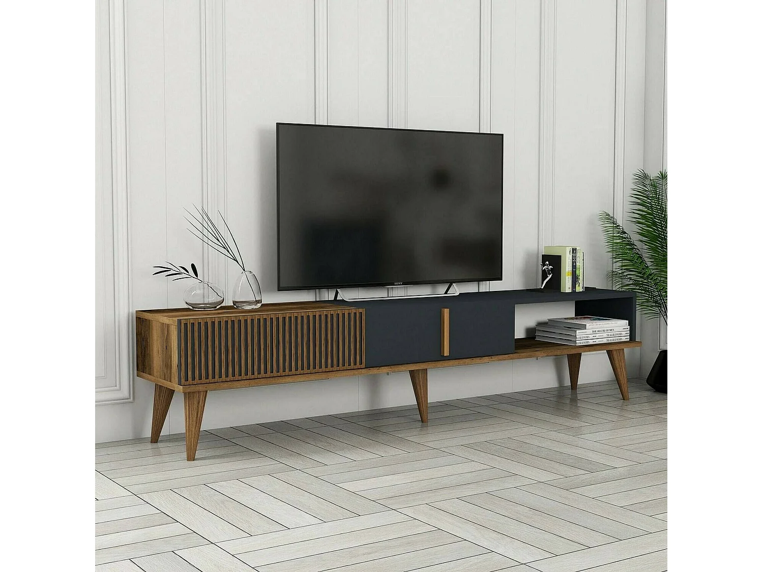 Meuble TV Aquila, Buffet de salon, Armoire basse pour TV, Base murale de rangement, 180x35h40 cm, Noyer et Anthracite