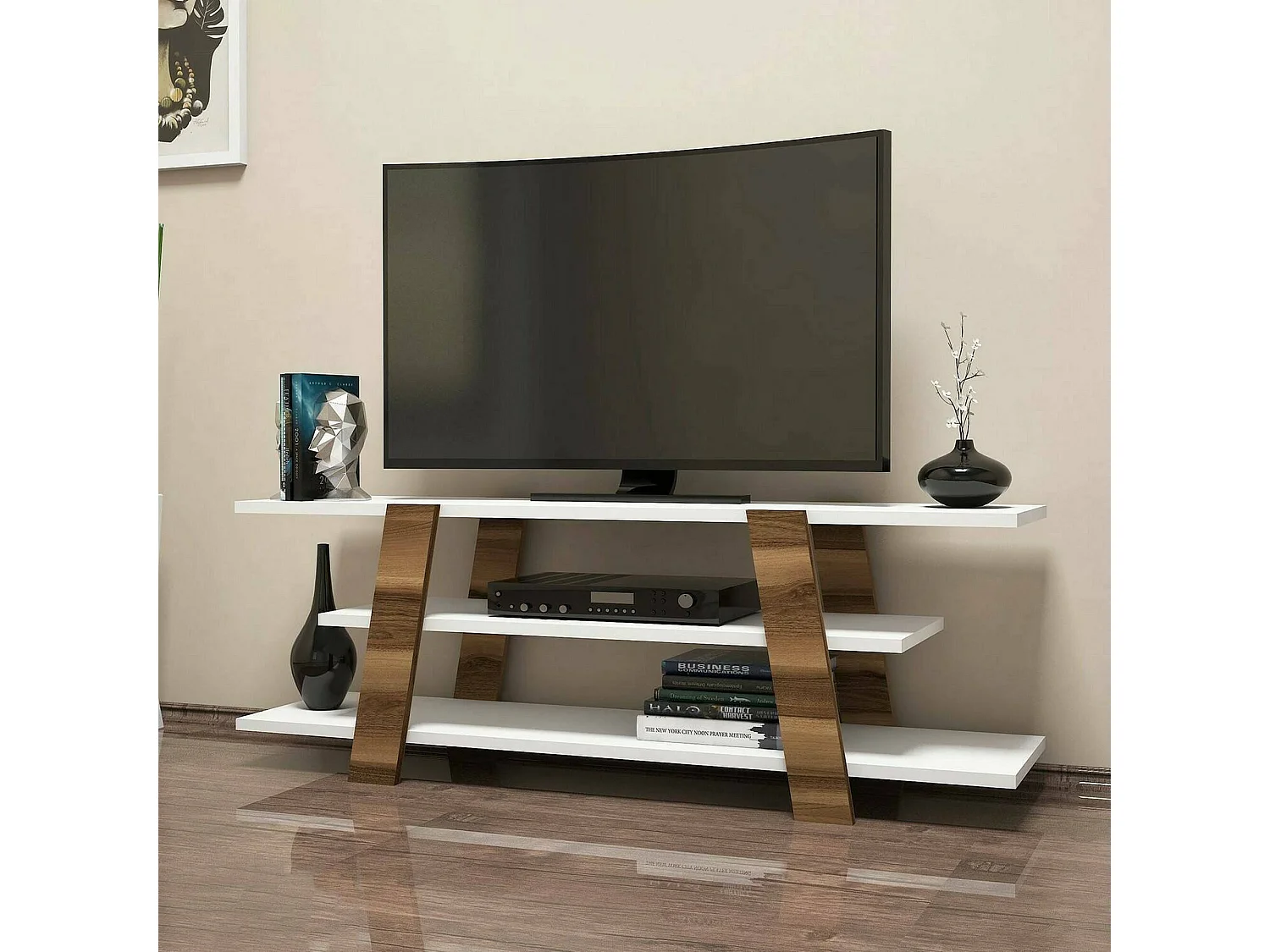 Meuble TV Mir, Buffet de salon, Armoire basse pour TV, Base murale de rangement, 120x34h42 cm, Noyer et Blanc