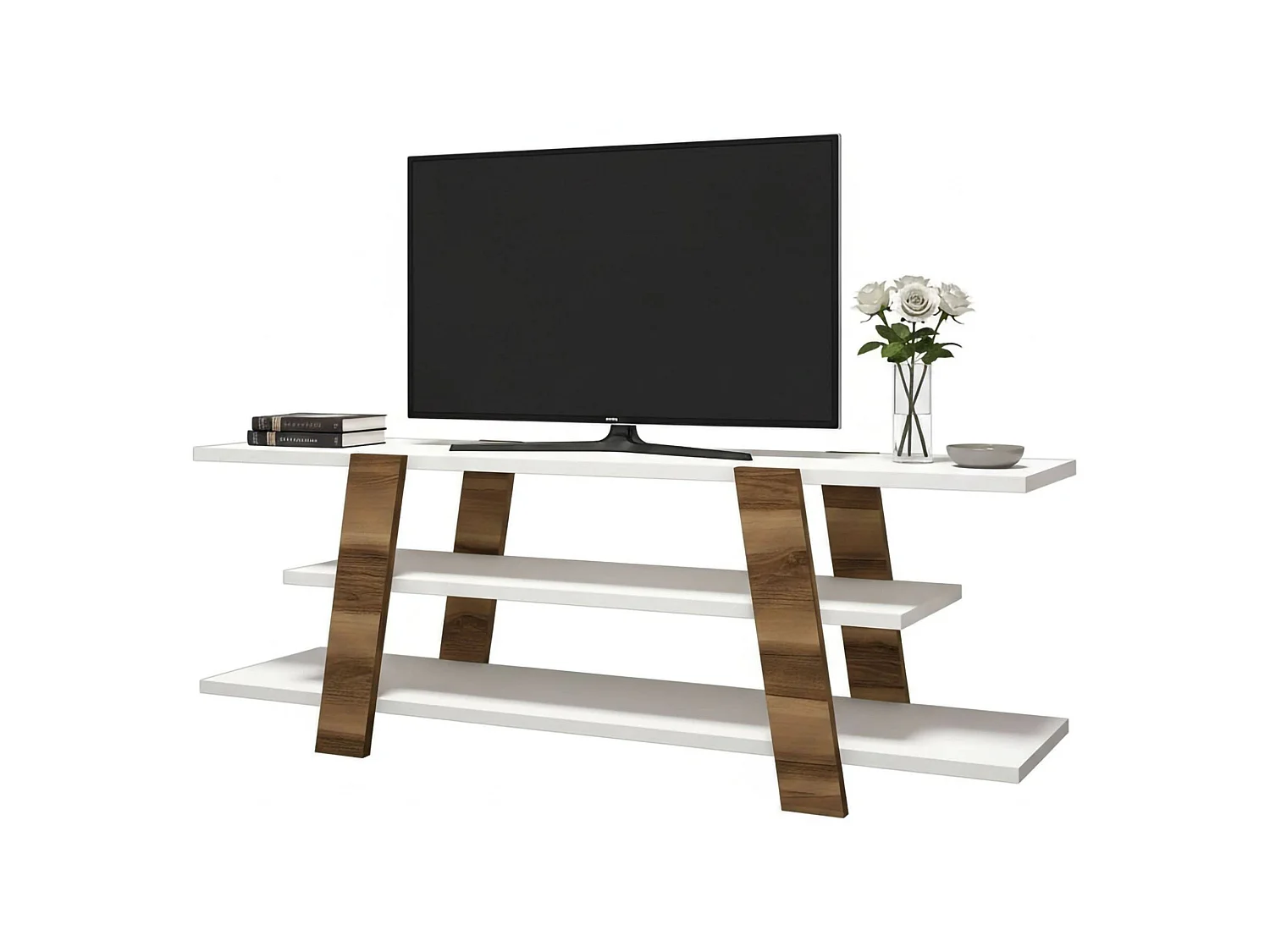 Armário de TV Doukhadd, Aparador de sala, Armário de TV baixo, Base de parede equipada, 120x34h42 cm, Nogueira e Branco