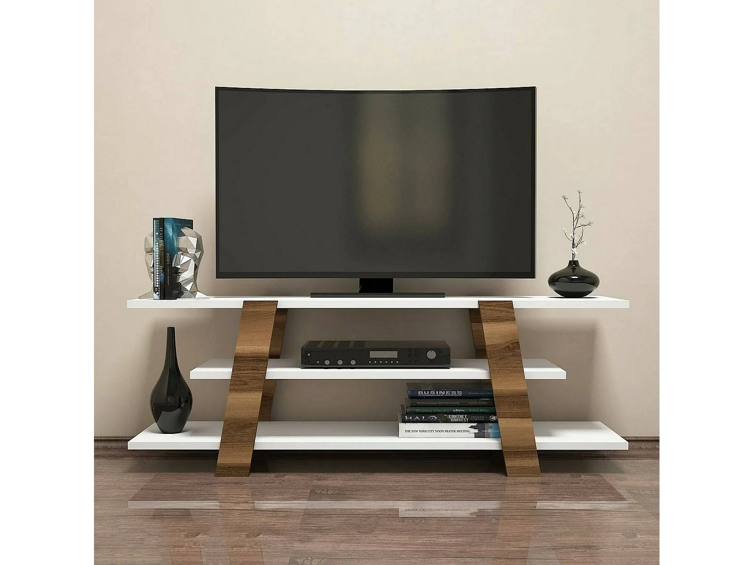Armário de TV Doukhadd, Aparador de sala, Armário de TV baixo, Base de parede equipada, 120x34h42 cm, Nogueira e Branco