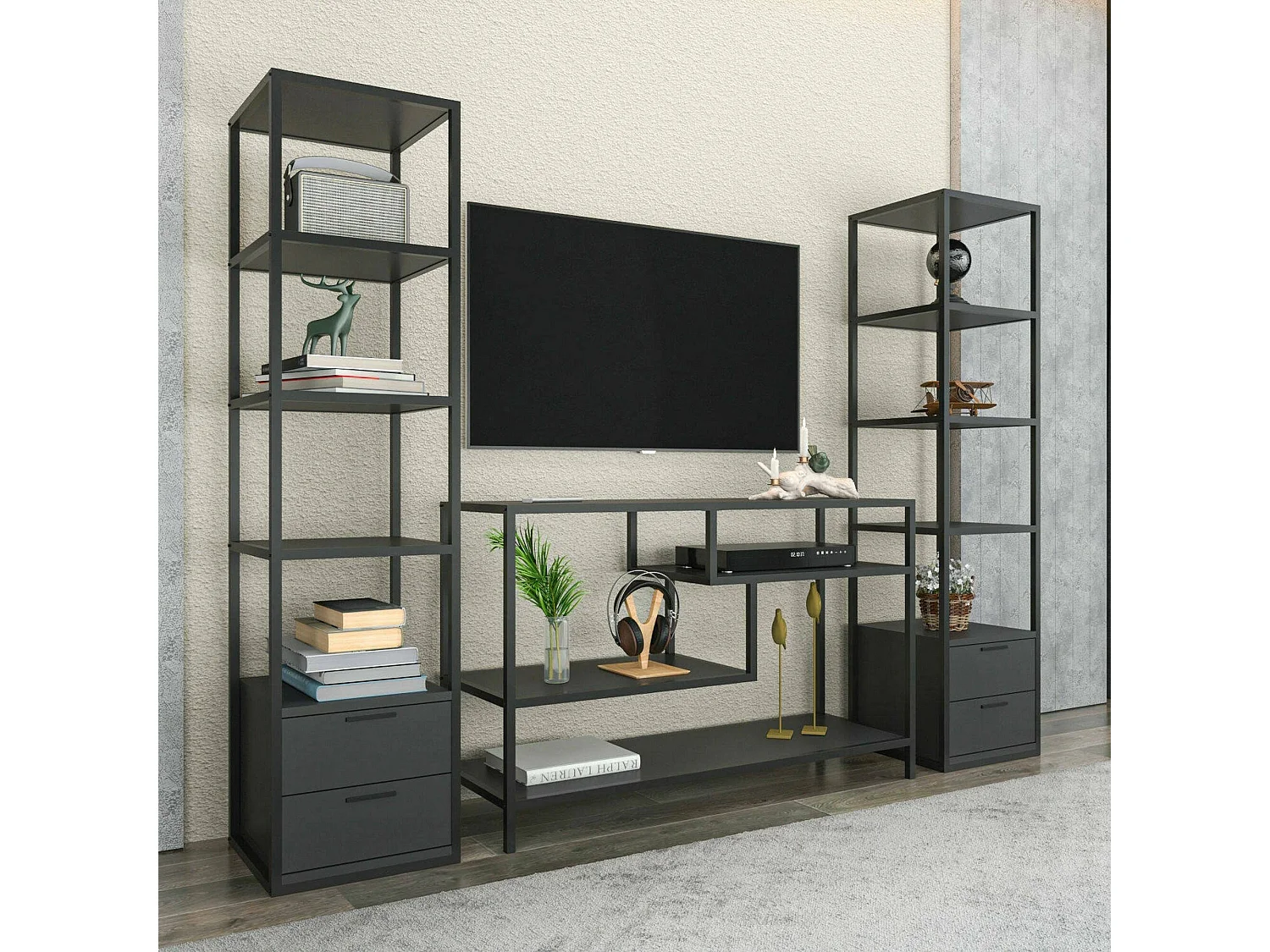 Meuble Mural Titan, Composition du salon, Meubles de salon polyvalents, Meuble télé, 198x39h160 cm, Noir et Anthracite