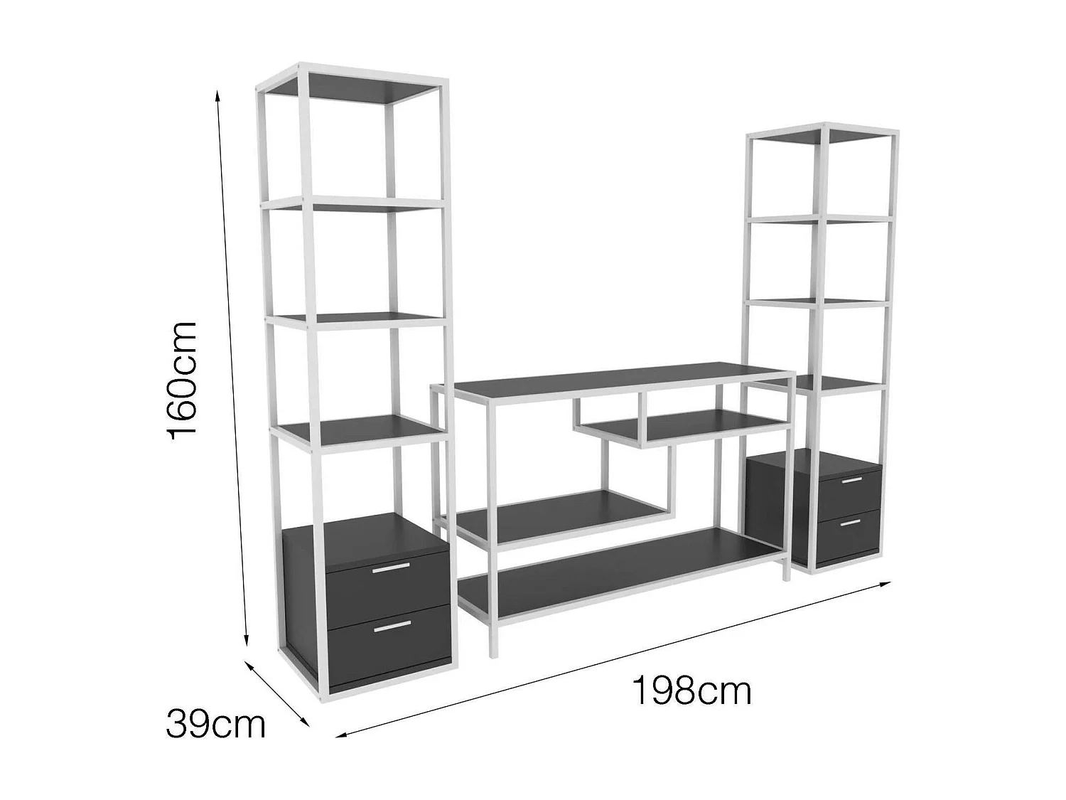 Meuble Mural Titan, Composition du salon, Meubles de salon polyvalents, Meuble télé, 198x39h160 cm, Noir et Anthracite