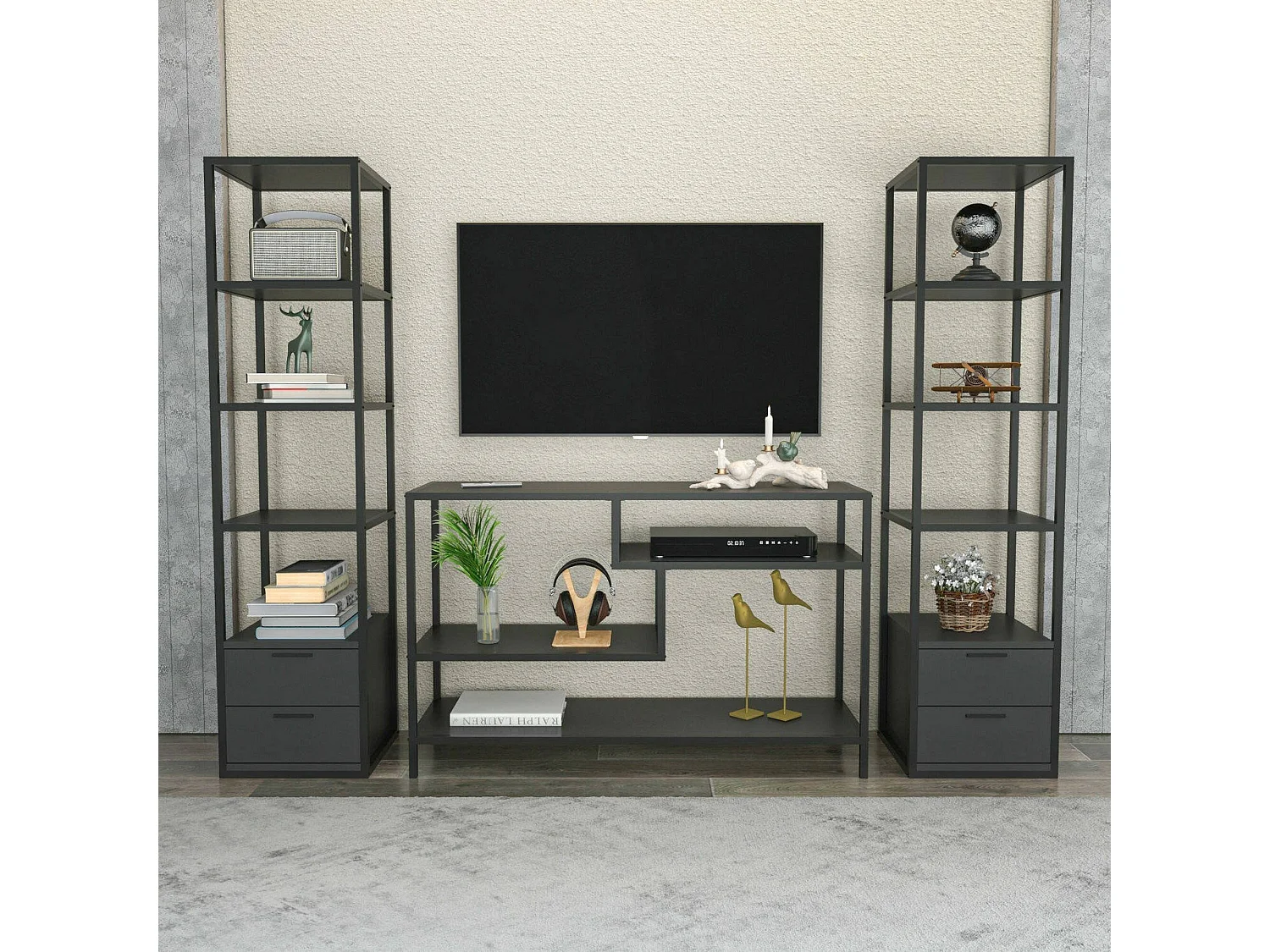 Meuble Mural Titan, Composition du salon, Meubles de salon polyvalents, Meuble télé, 198x39h160 cm, Noir et Anthracite