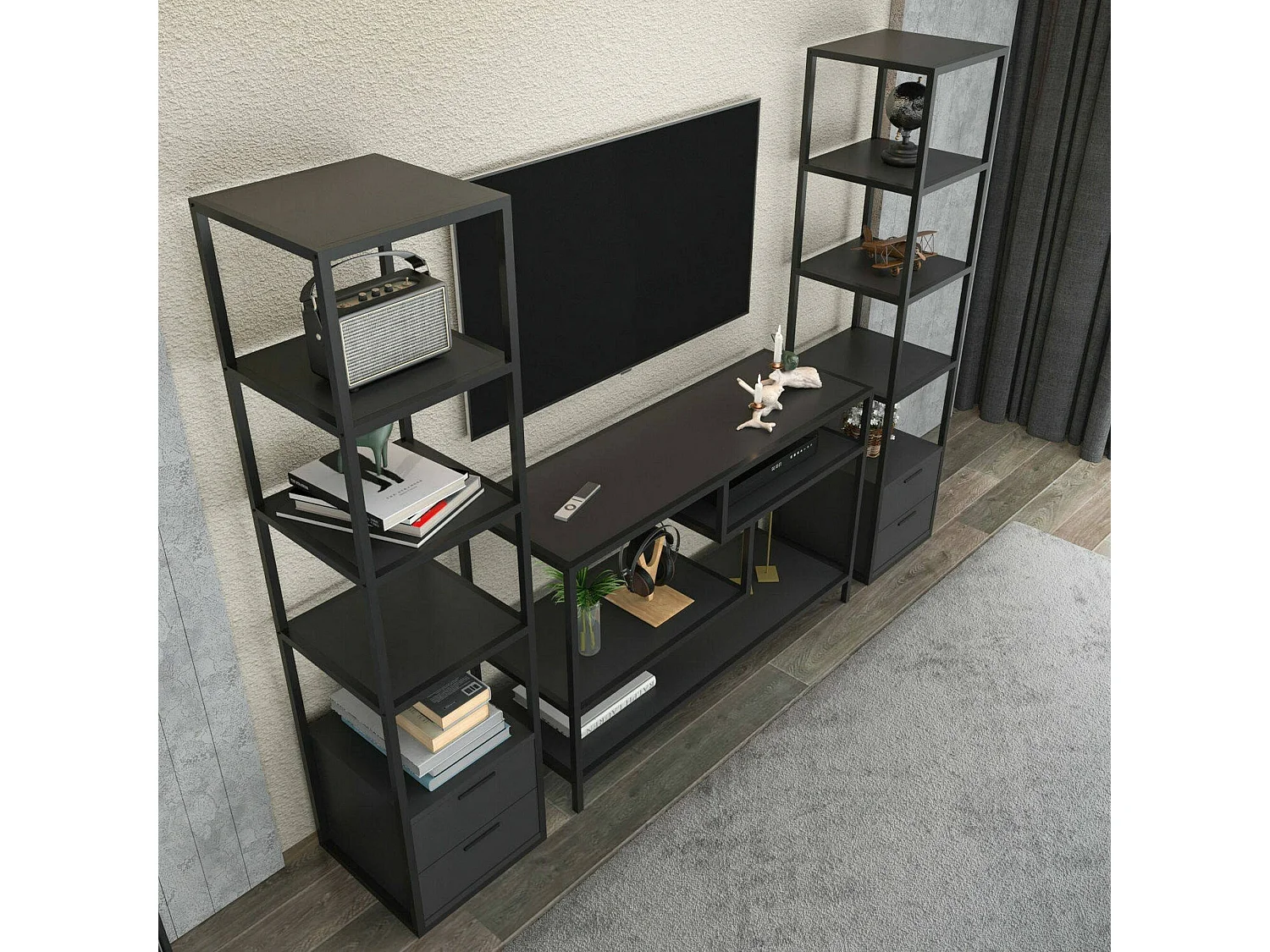 Meuble Mural Titan, Composition du salon, Meubles de salon polyvalents, Meuble télé, 198x39h160 cm, Noir et Anthracite