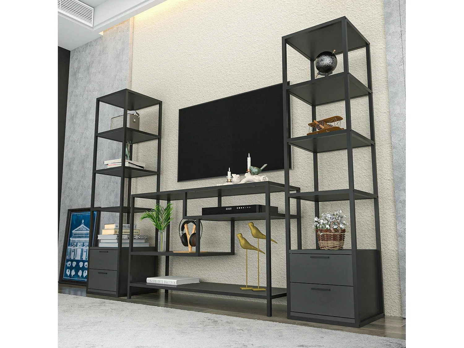 Meuble Mural Titan, Composition du salon, Meubles de salon polyvalents, Meuble télé, 198x39h160 cm, Noir et Anthracite