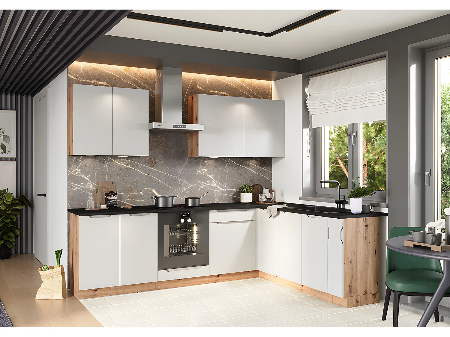 Cuisine complète d'angle ISYA 9 éléments couleur Gris clair/Artisan - Longueur 200/260 cm