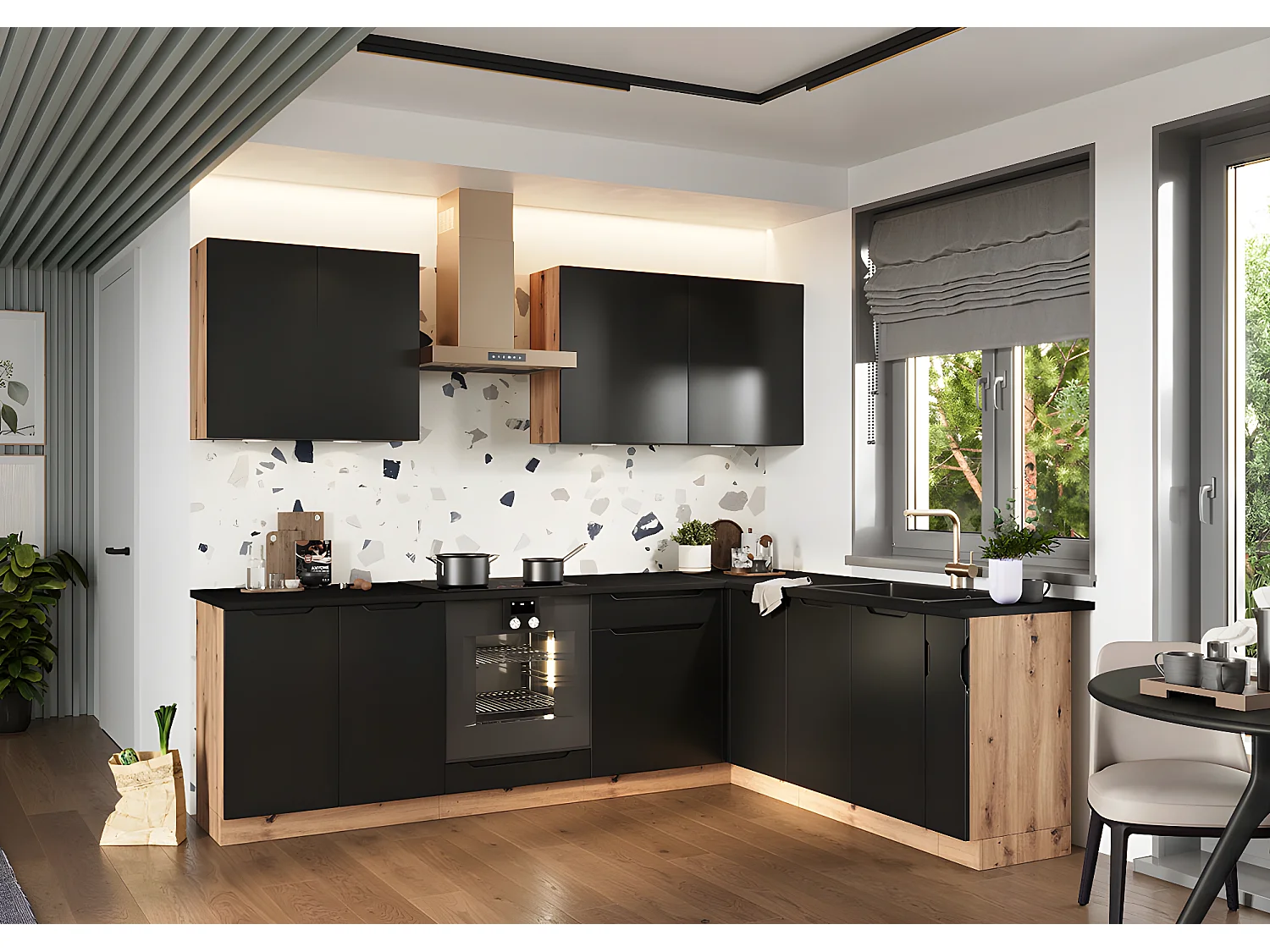 Cuisine complète d'angle ISYA 9 éléments couleur Noir/Chêne Artisan - Longueur 200/260 cm