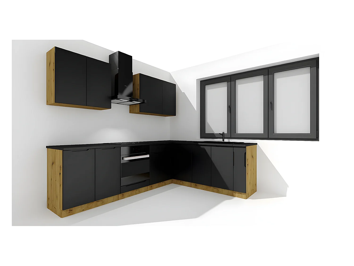 Cuisine complète d'angle ISYA 9 éléments couleur Noir/Chêne Artisan - Longueur 200/260 cm