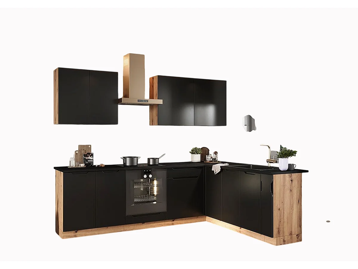 Cuisine complète d'angle ISYA 9 éléments couleur Noir/Chêne Artisan - Longueur 200/260 cm