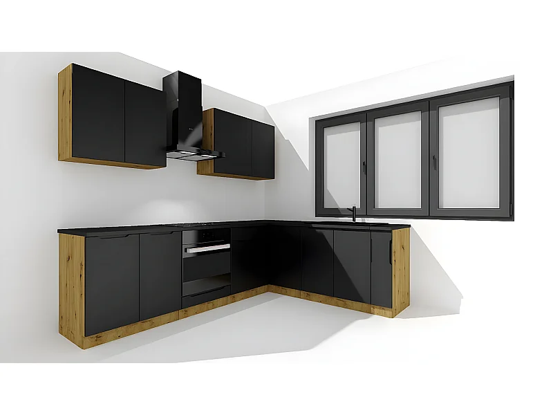 Cuisine complète d'angle ISYA 9 éléments couleur Noir/Chêne Artisan - Longueur 200/260 cm