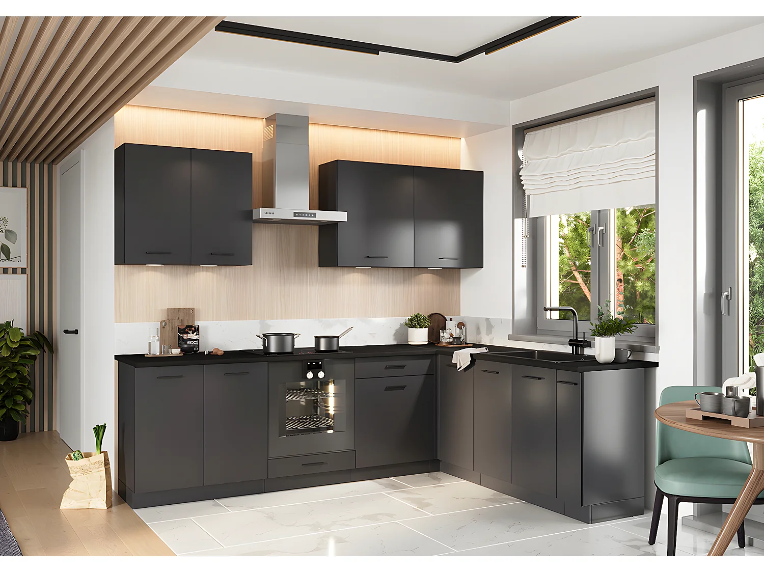 Cuisine complète d'angle ANIA 9 éléments couleur Graphite - Longueur 200/260 cm