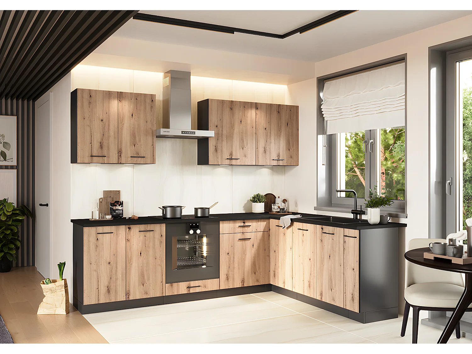 Cuisine complète d'angle ANIA 9 éléments couleur Chêne Artisan, Graphite - Longueur 200/260 cm