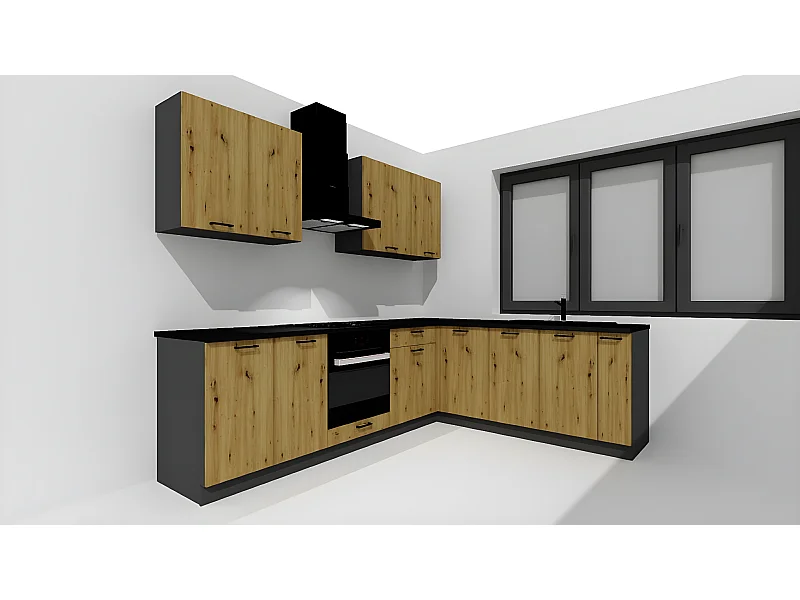 Cuisine complète d'angle ANIA 9 éléments couleur Chêne Artisan, Graphite - Longueur 200/260 cm