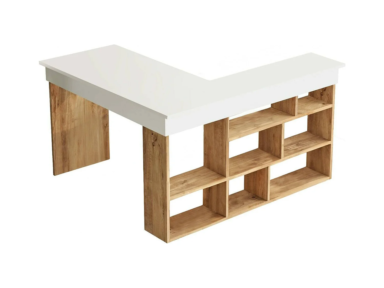 Bureau Angete, Pupitre polyvalent, Table de bureau pour PC, Plan de travail, 129x120h72 cm, Chêne et Blanc