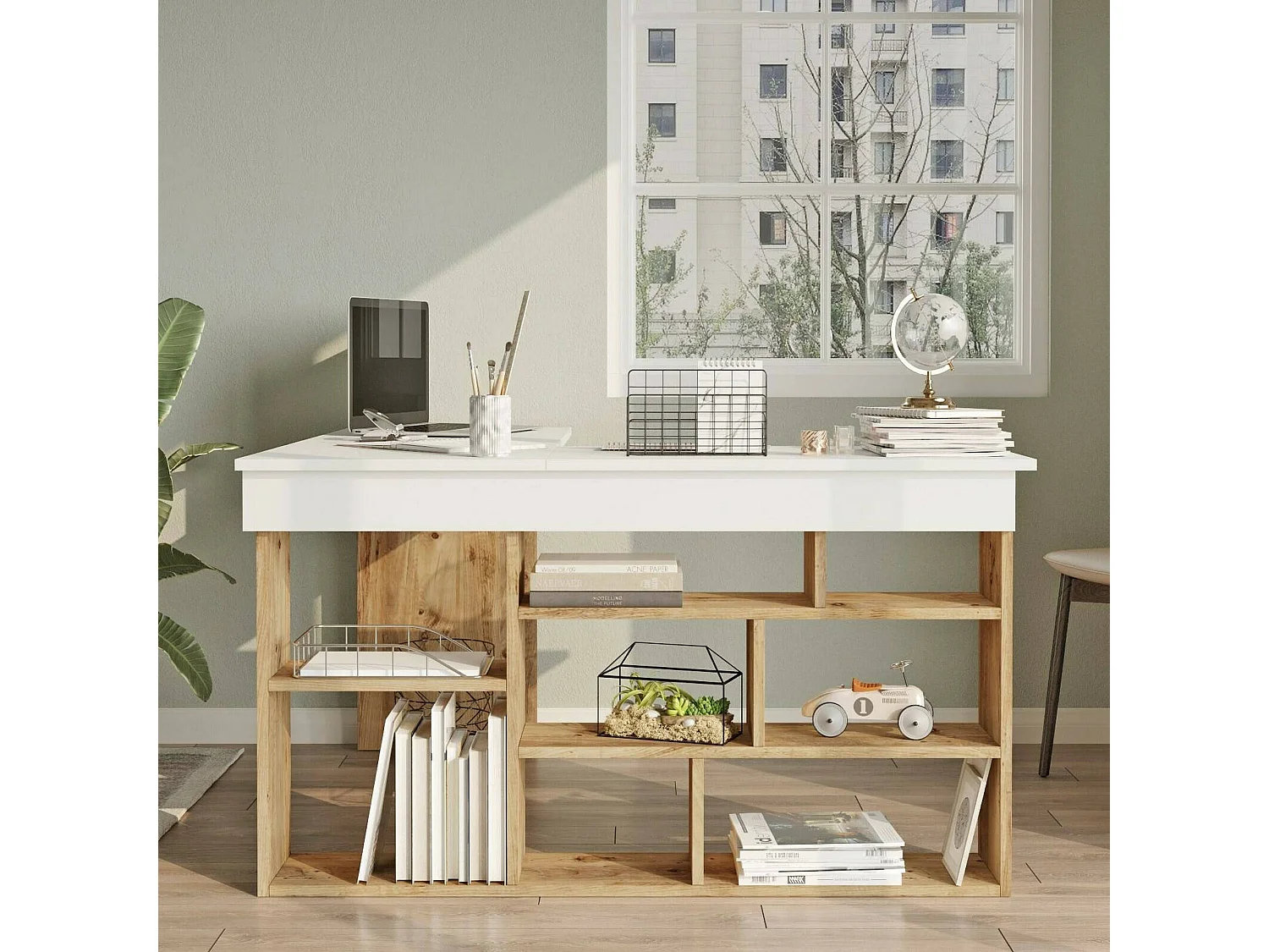 Mesa de trabalhoDfavasul, Mesa de trabalho multiusos, Mesa de escritório com suporte para PC, Bancada, 129x120h72 cm, Carvalho e Branco