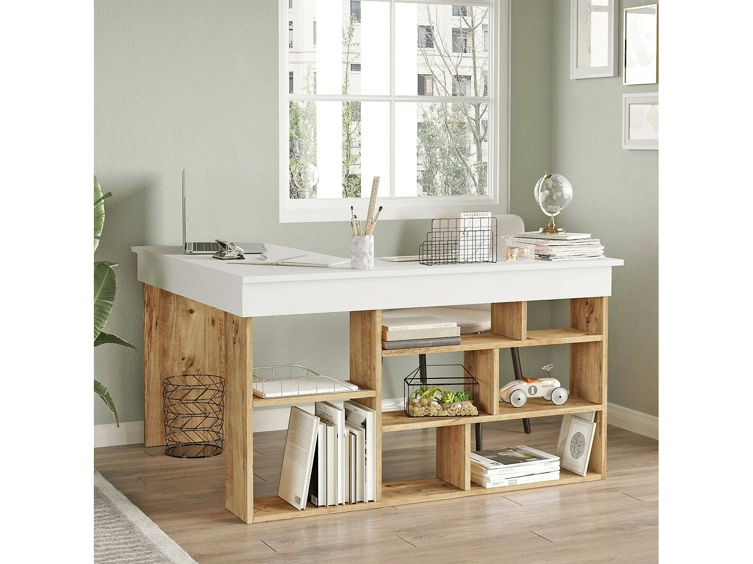 Mesa de trabalhoDfavasul, Mesa de trabalho multiusos, Mesa de escritório com suporte para PC, Bancada, 129x120h72 cm, Carvalho e Branco