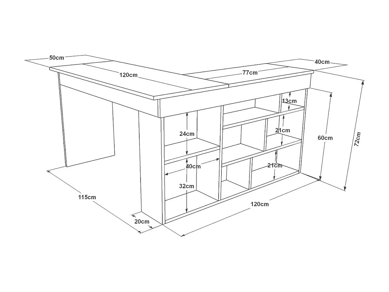 Bureau Angete, Pupitre polyvalent, Table de bureau pour PC, Plan de travail, 129x120h72 cm, Chêne et Blanc