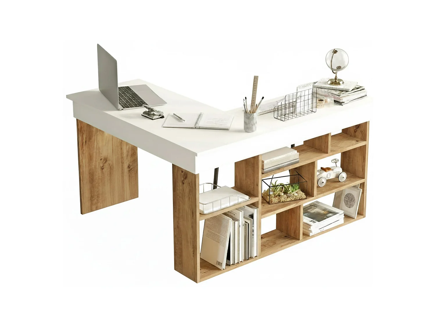 Bureau Angete, Pupitre polyvalent, Table de bureau pour PC, Plan de travail, 129x120h72 cm, Chêne et Blanc