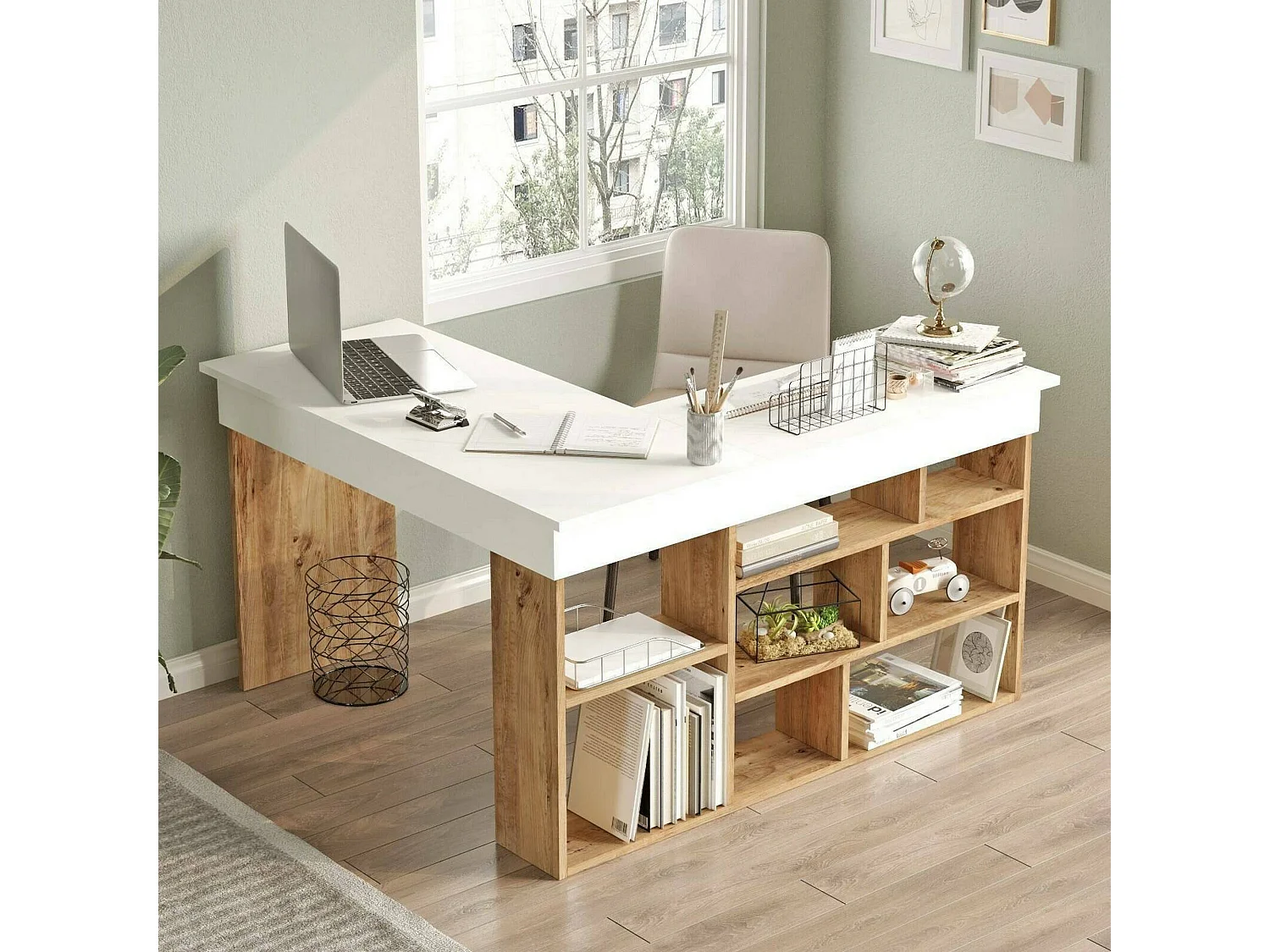 Bureau Angete, Pupitre polyvalent, Table de bureau pour PC, Plan de travail, 129x120h72 cm, Chêne et Blanc
