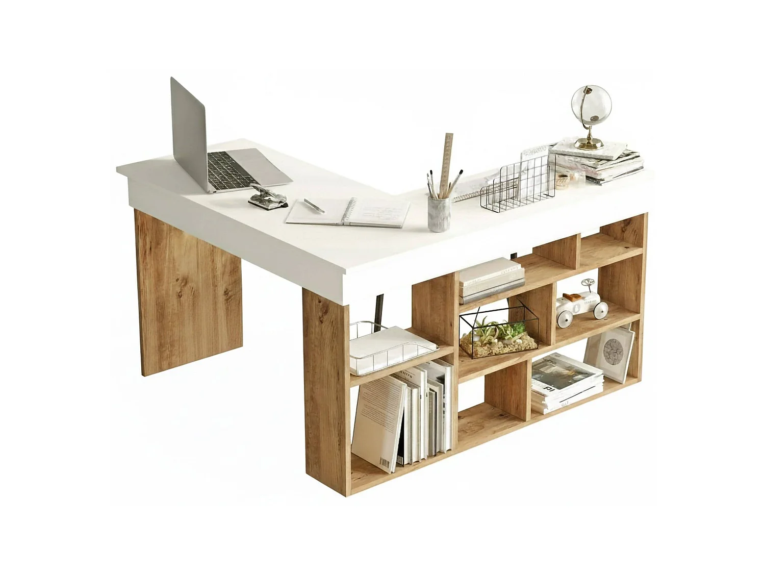 Mesa de trabalhoDfavasul, Mesa de trabalho multiusos, Mesa de escritório com suporte para PC, Bancada, 129x120h72 cm, Carvalho e Branco