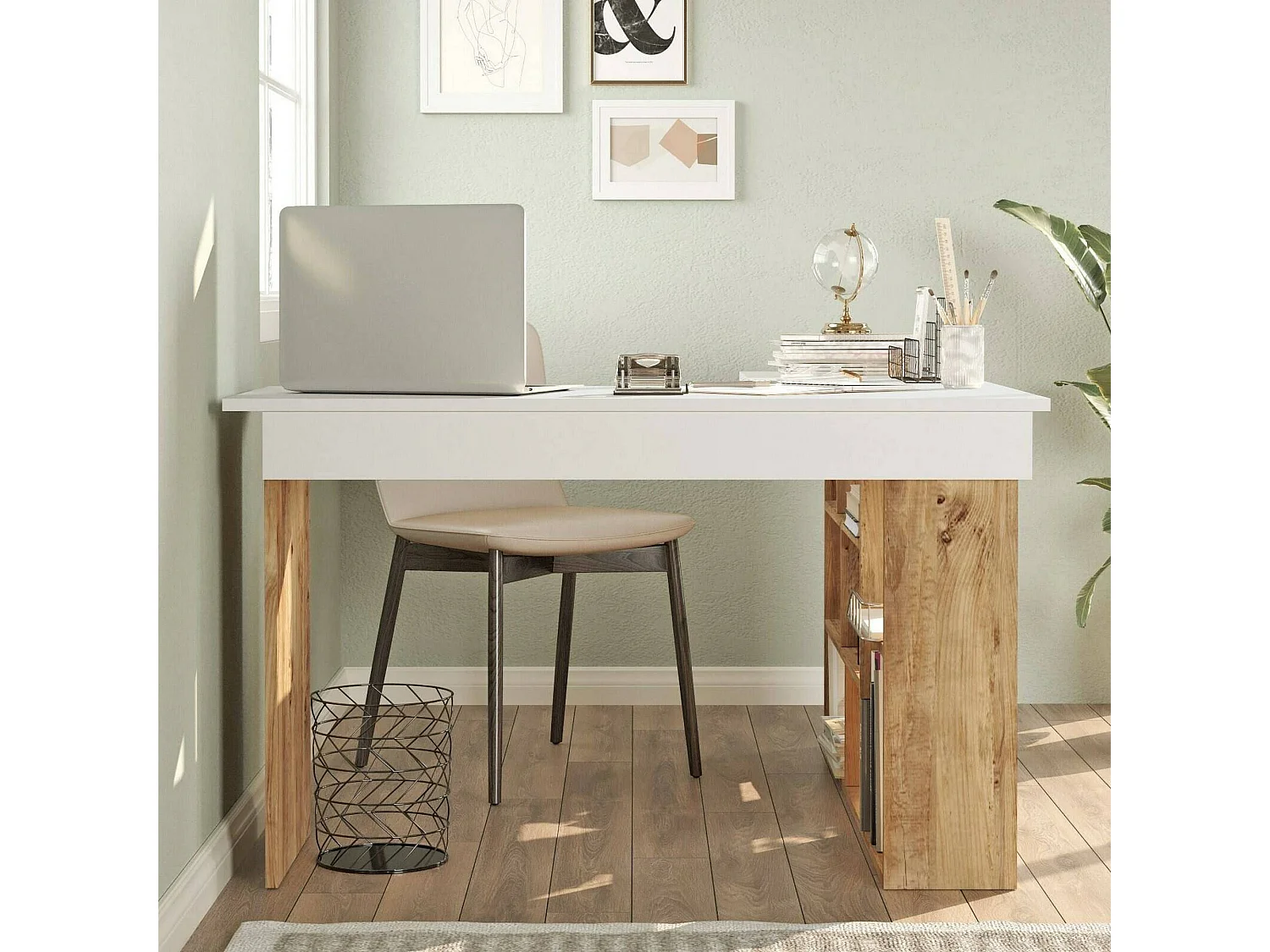 Mesa de trabalhoDfavasul, Mesa de trabalho multiusos, Mesa de escritório com suporte para PC, Bancada, 129x120h72 cm, Carvalho e Branco