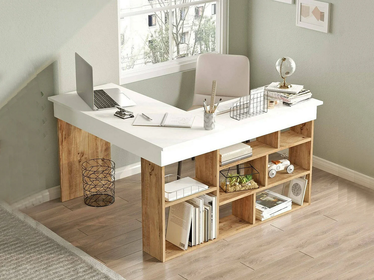 Bureau Angete, Pupitre polyvalent, Table de bureau pour PC, Plan de travail, 129x120h72 cm, Chêne et Blanc