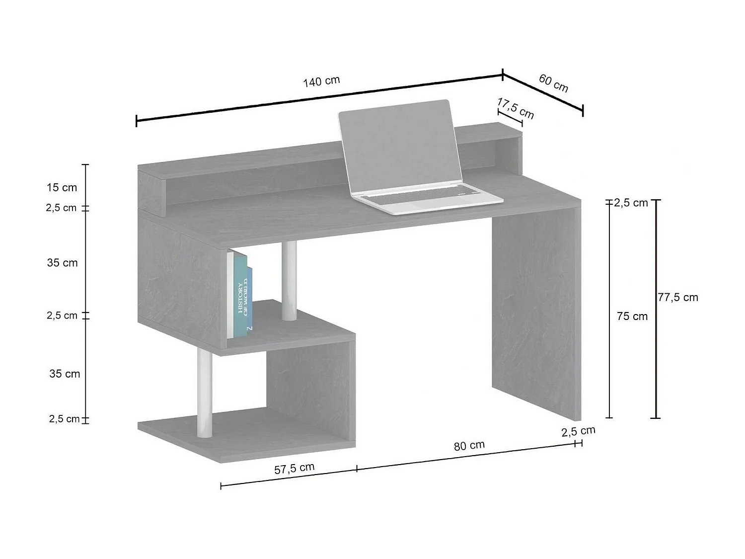 Dcaldirol Bureau, Lineair Bureau met Opbergplanken en LED Verlichting, Multifunctioneel Bureau met Sopralzo, 140x60h93 cm, Leisteen