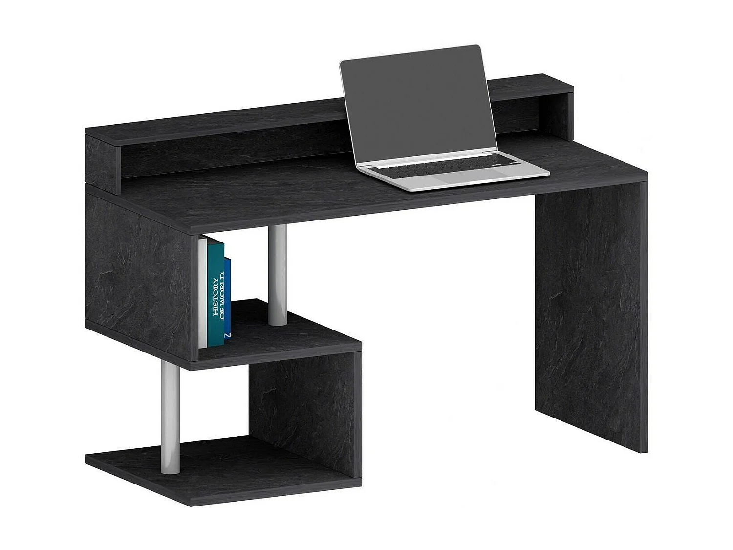 Bureau Alain, Bureau linéaire avec étagères de rangement avec lampes LED, Bureau polyvalent avec plateau, 140x60h93 cm, Ardoise
