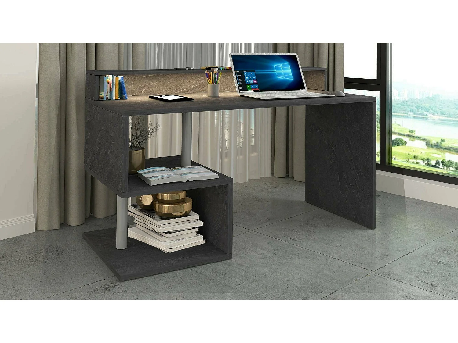 Mesa Dcaldirol, Mesa de trabalho linear com prateleiras de armazenamento e luzes LED, Mesa de escritório multiuso com salça, 140x60h93 cm, Ardósia