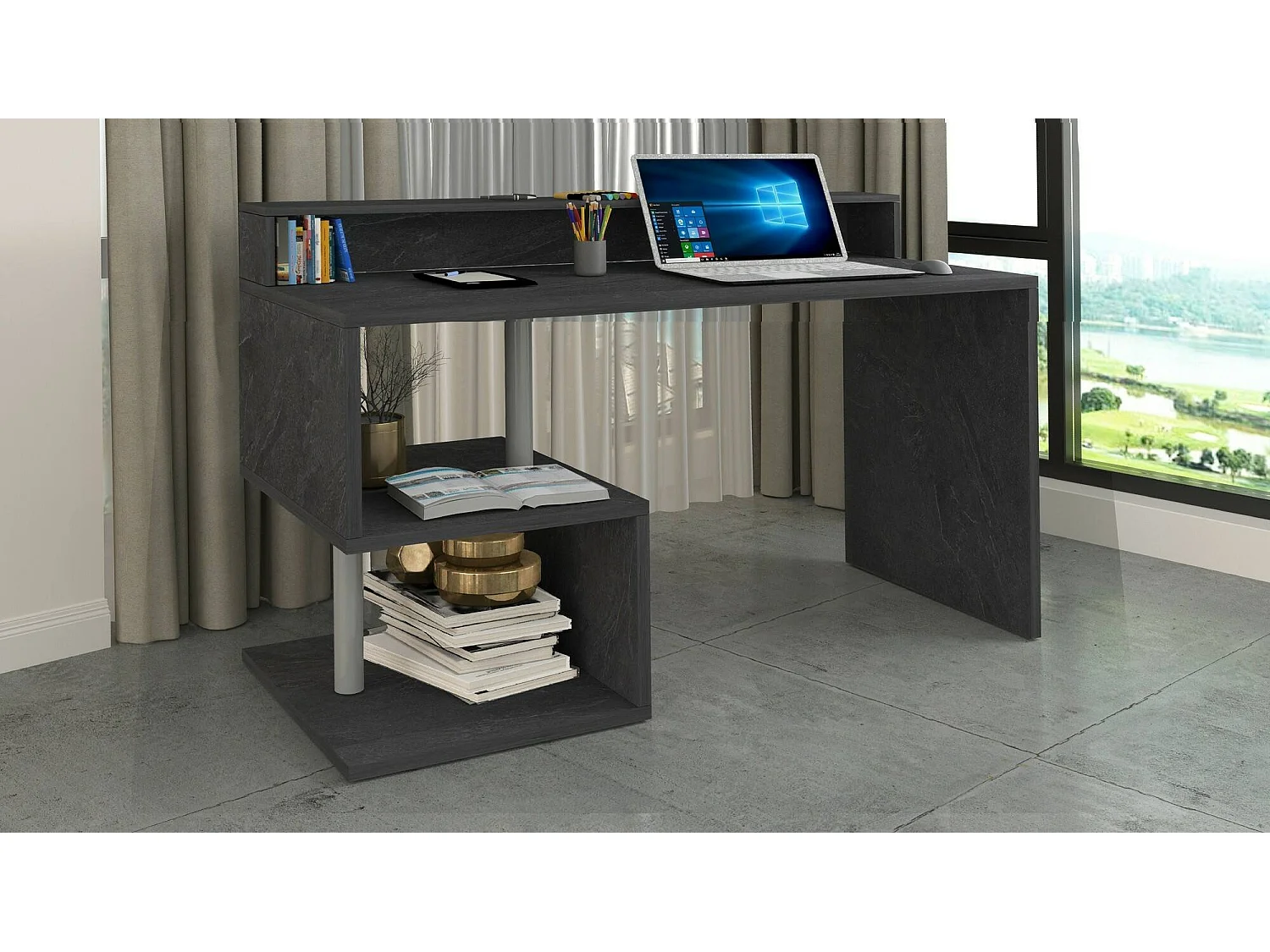 Mesa Dcaldirol, Mesa de trabalho linear com prateleiras de armazenamento e luzes LED, Mesa de escritório multiuso com salça, 140x60h93 cm, Ardósia