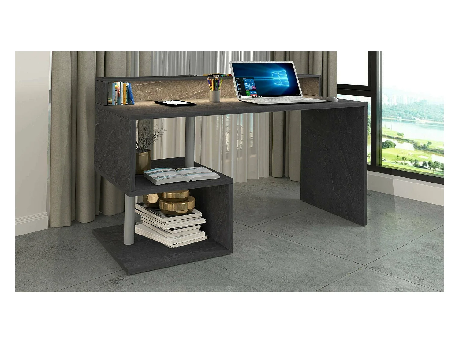Bureau Alain, Bureau linéaire avec étagères de rangement avec lampes LED, Bureau polyvalent avec plateau, 140x60h93 cm, Ardoise