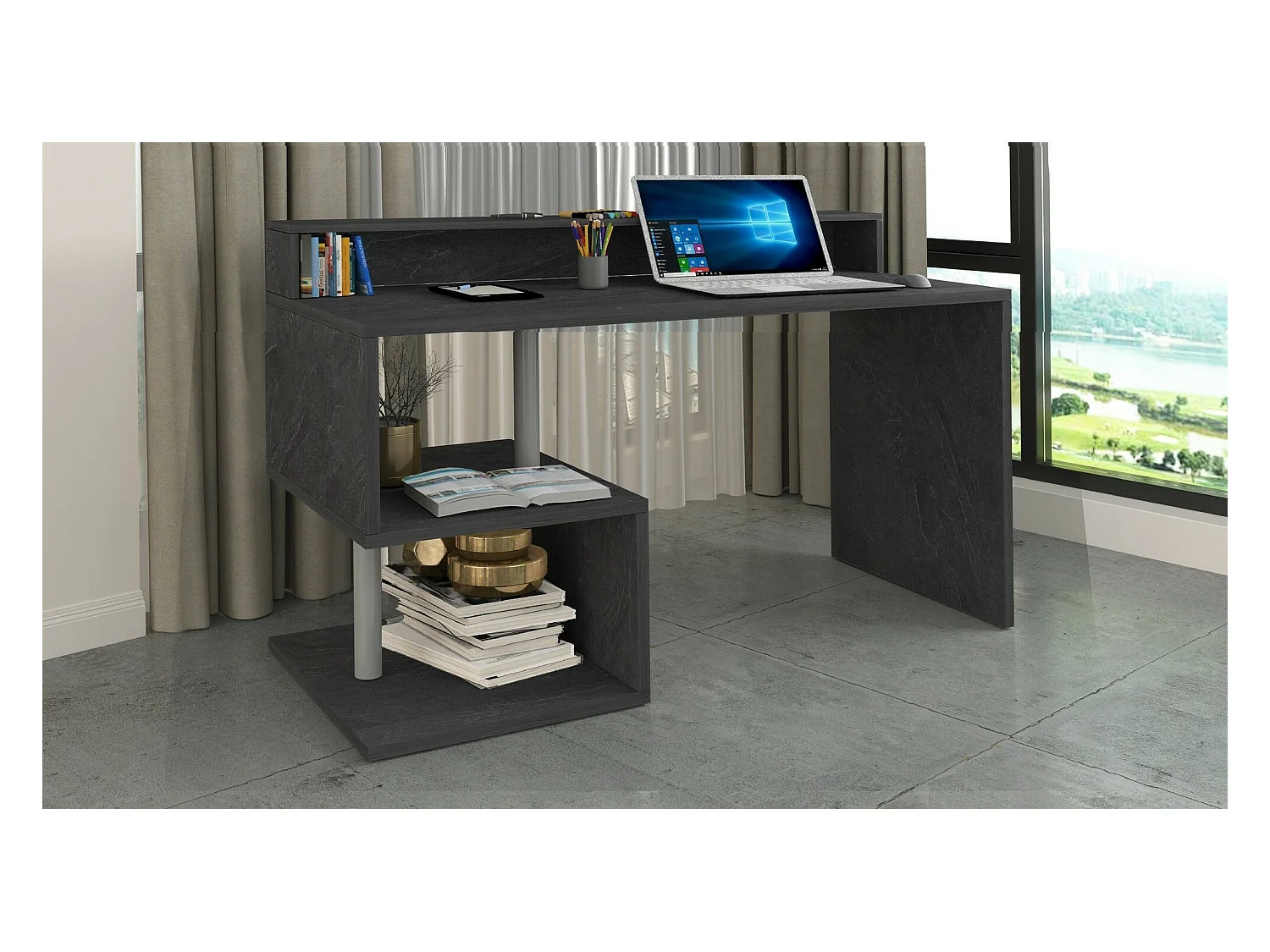 Bureau Alain, Bureau linéaire avec étagères de rangement avec lampes LED, Bureau polyvalent avec plateau, 140x60h93 cm, Ardoise