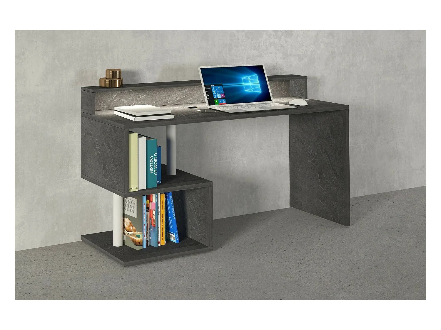 Bureau Alain, Bureau linéaire avec étagères de rangement avec lampes LED, Bureau polyvalent avec plateau, 140x60h93 cm, Ardoise