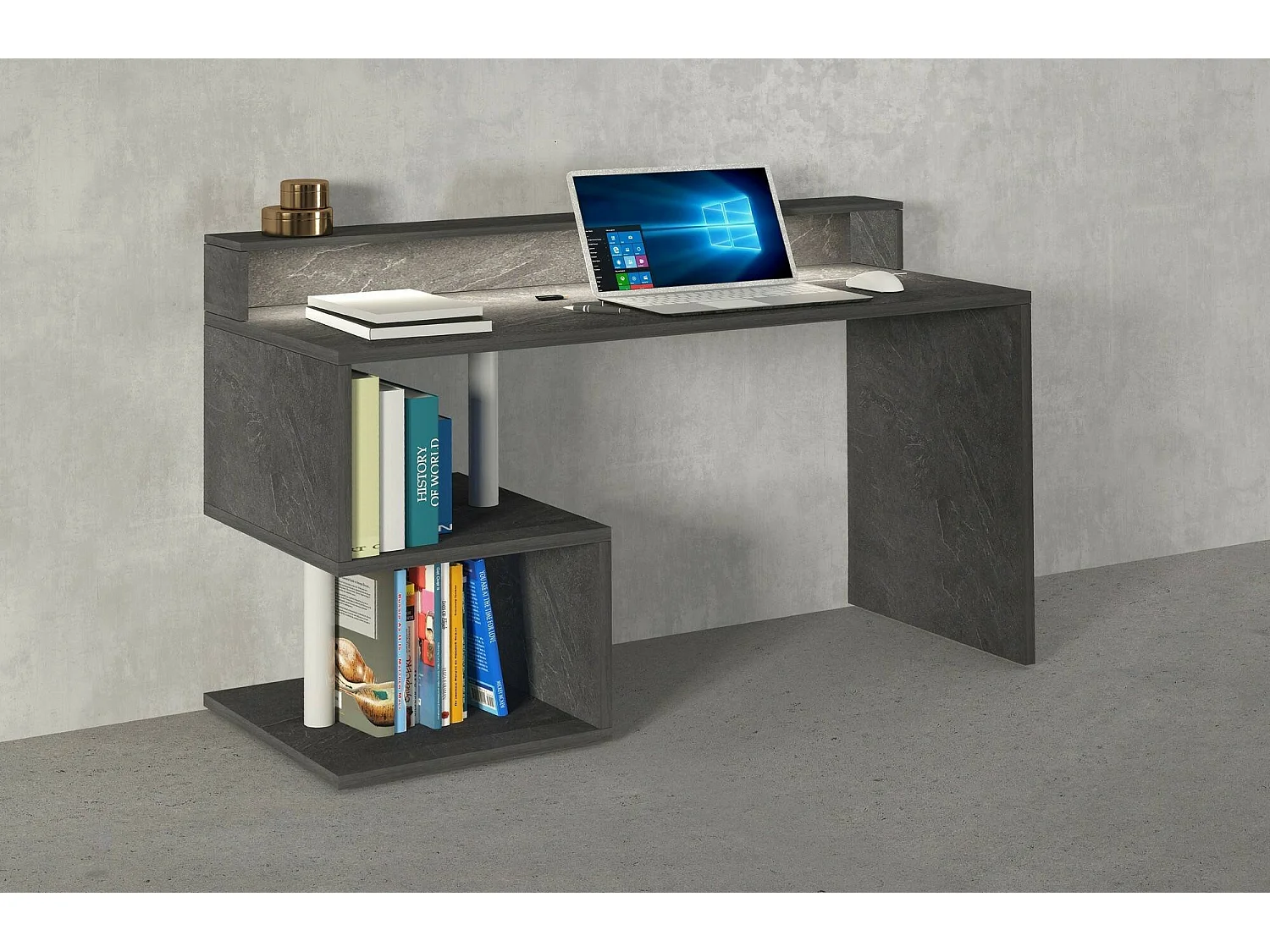 Bureau Alain, Bureau linéaire avec étagères de rangement avec lampes LED, Bureau polyvalent avec plateau, 140x60h93 cm, Ardoise