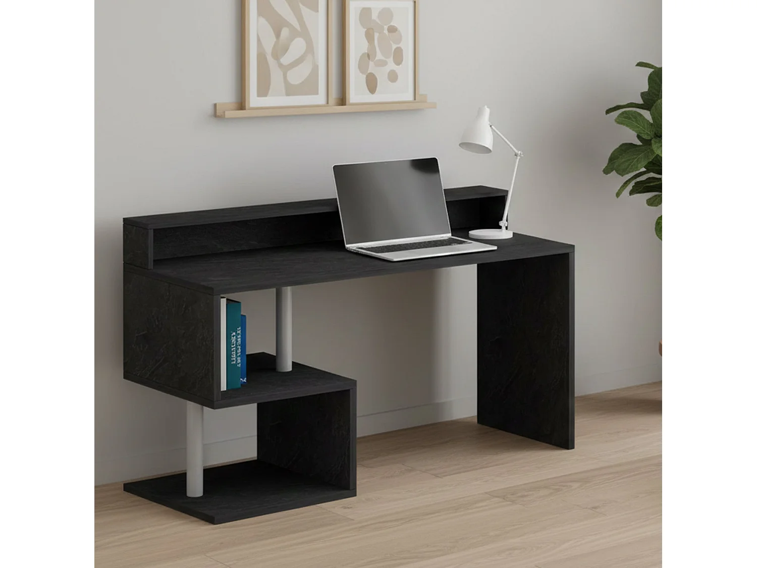 Dcaldirol Bureau, Lineair Bureau met Opbergplanken en LED Verlichting, Multifunctioneel Bureau met Sopralzo, 140x60h93 cm, Leisteen