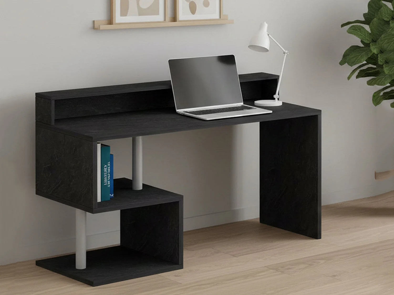 Bureau Alain, Bureau linéaire avec étagères de rangement avec lampes LED, Bureau polyvalent avec plateau, 140x60h93 cm, Ardoise