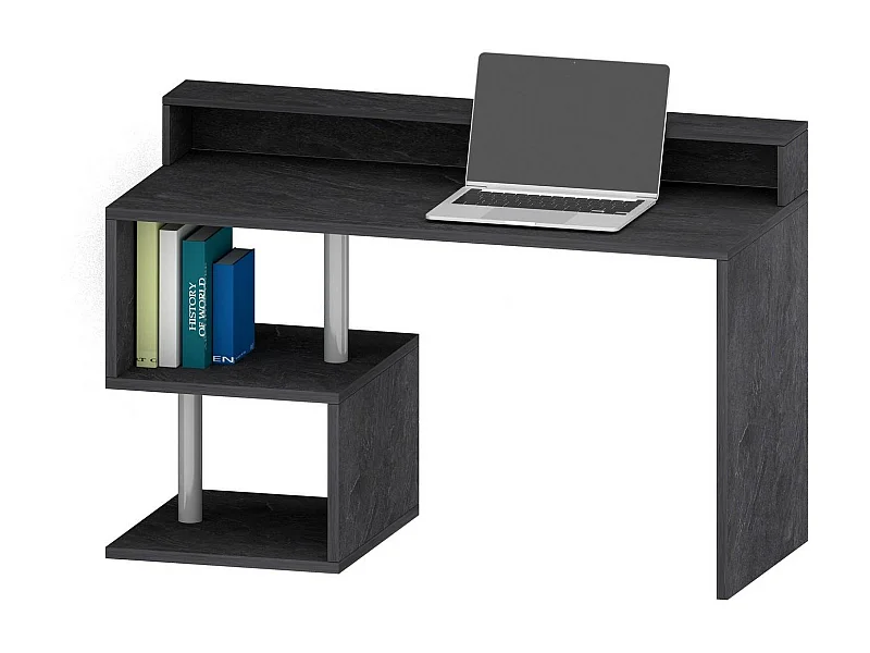 Bureau Alain, Bureau linéaire avec étagères de rangement avec lampes LED, Bureau polyvalent avec plateau, 140x60h93 cm, Ardoise