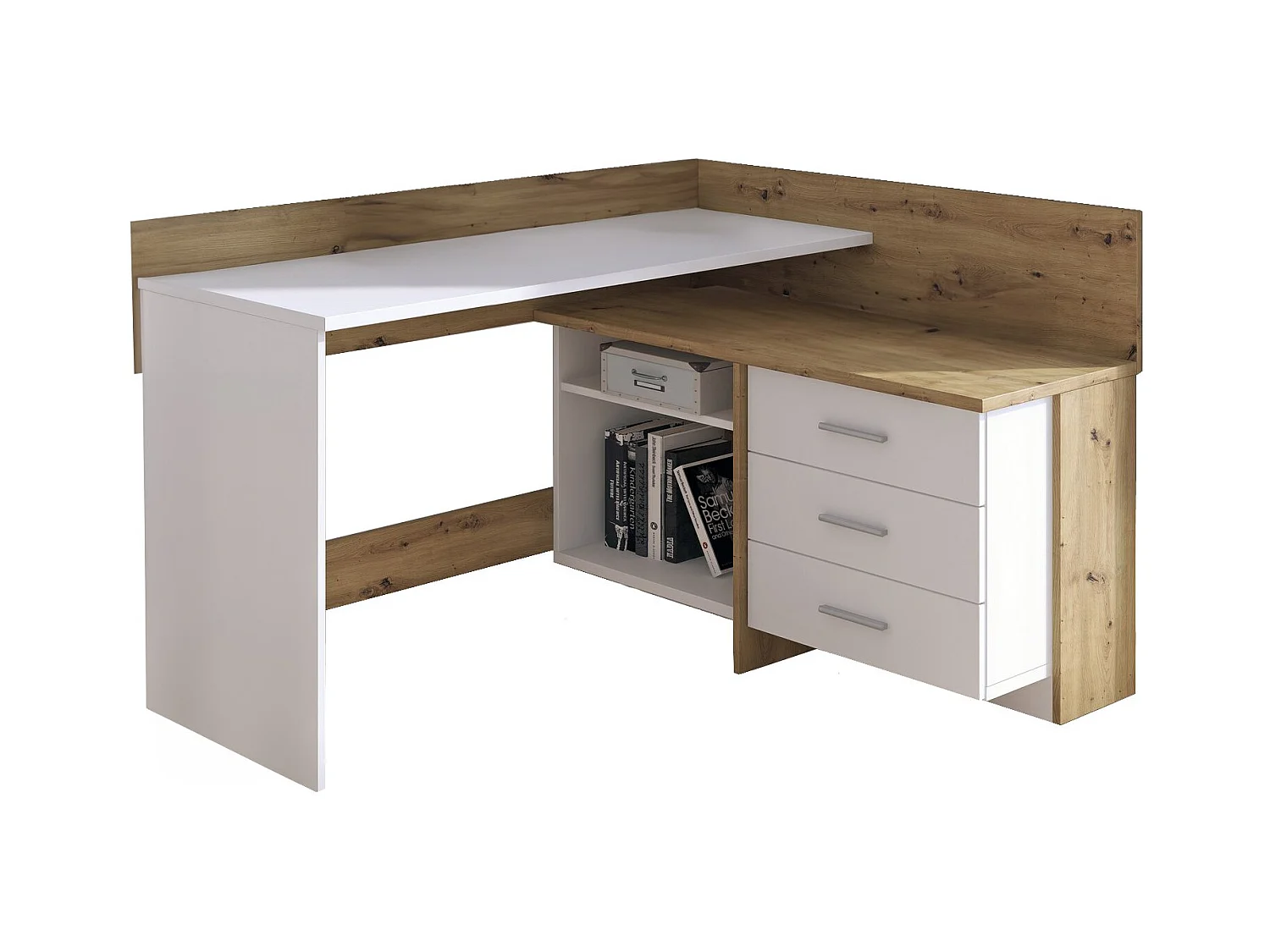 Bureau Hudson, Pupitre polyvalent, Table de bureau pour PC, Plan de travail, 130x112h82 cm, Blanc et nÂœuds de chêne clair