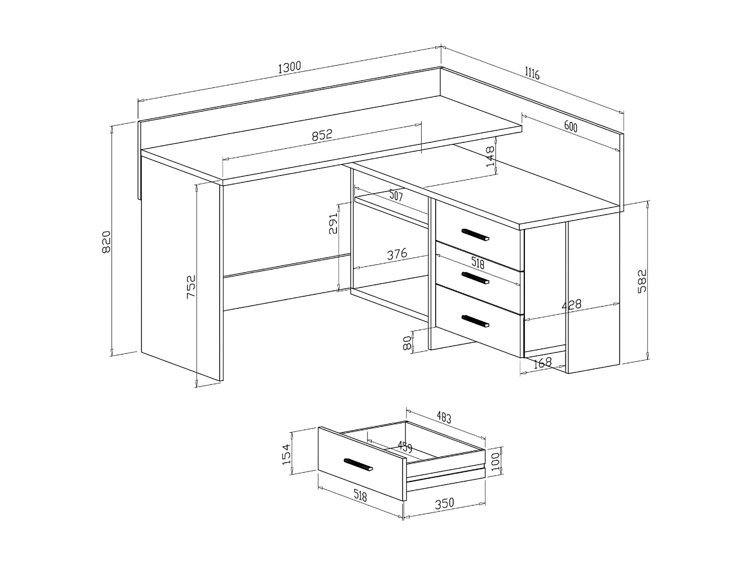 Bureau Dabdelhami, BureauMultifunctioneel, pc-houder bureautafel, werkblad, 130x112h82 cm, witte en eiken knopen