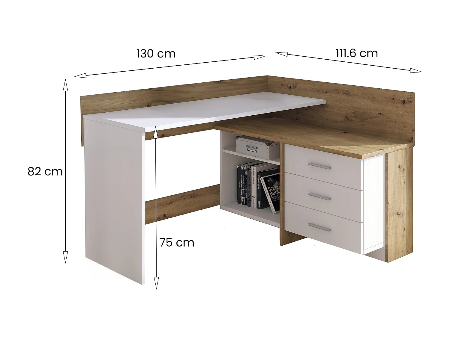 Mesa Dabdelhami, SecretáriaMultiuso, Mesa de escritório com suporte para PC, Bancada, 130x112h82 cm, Nós Brancos e Carvalho